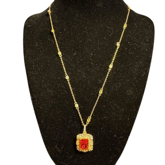 Elegant Sterling Silver Gold plated 16 inch Necklace orange red Pendant - Picture 1 of 6
